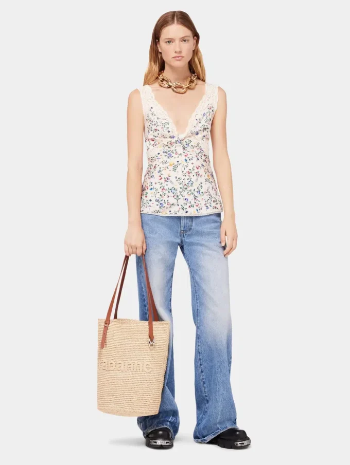 Beige raffia-taske med logo