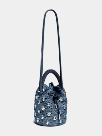 Denimblå raffia-bucketbag