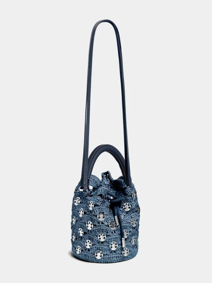 Denimblå raffia-bucketbag