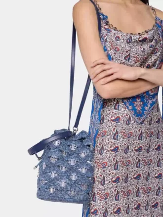 Denimblå raffia-bucketbag