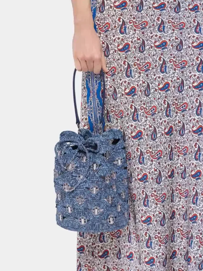 Denimblå raffia-bucketbag