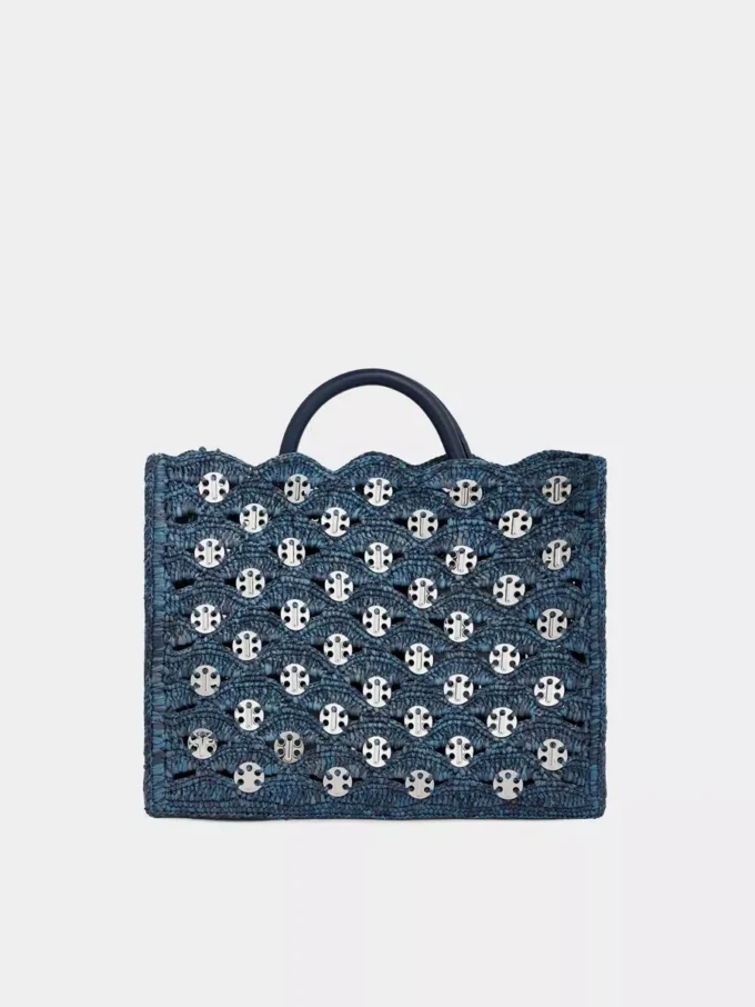 Denimblå totebag i raffia