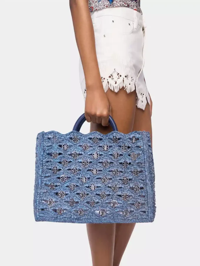 Denimblå totebag i raffia