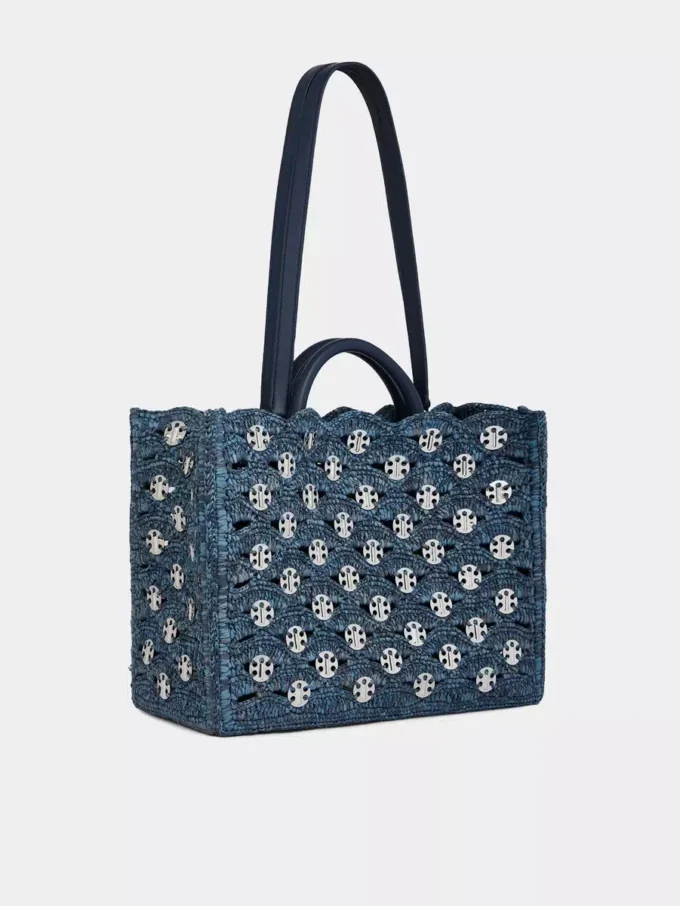 Denimblå totebag i raffia