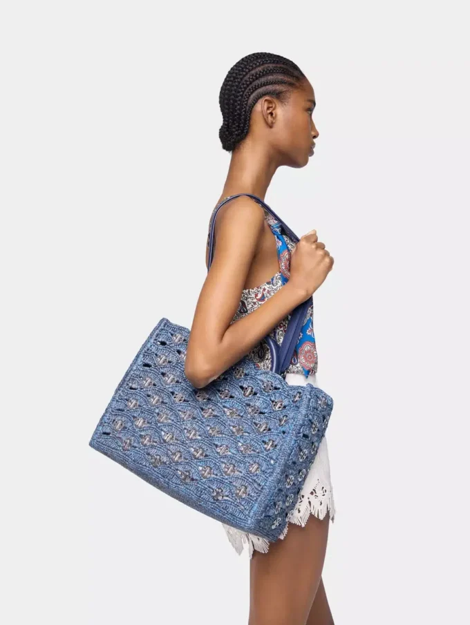 Denimblå totebag i raffia