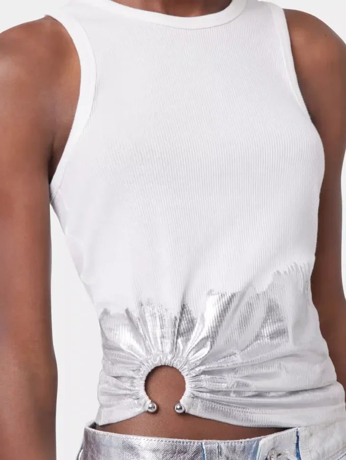 Hvid tanktop med piercing i ribbet jersey