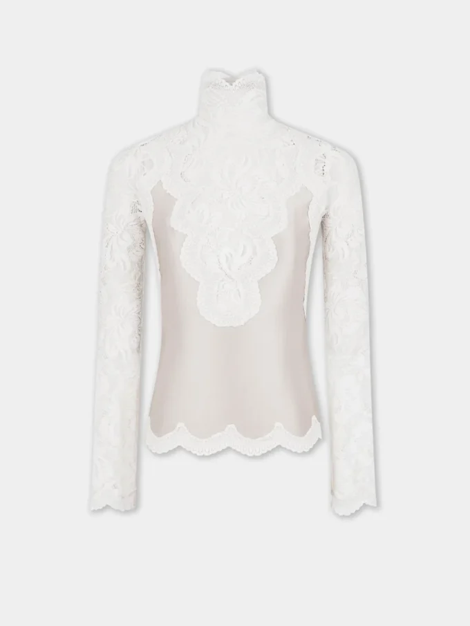 Langærmet top i elfenbenfarvet blonder og jersey