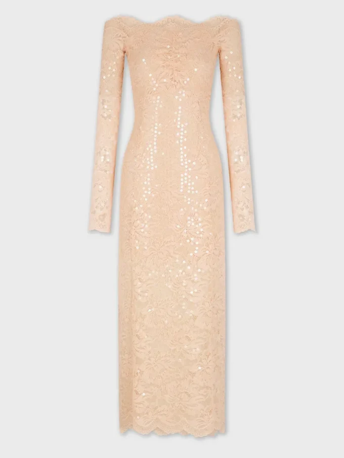 Midi-kjole i blonder med pailletbroderier