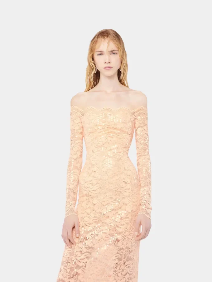 Midi-kjole i blonder med pailletbroderier