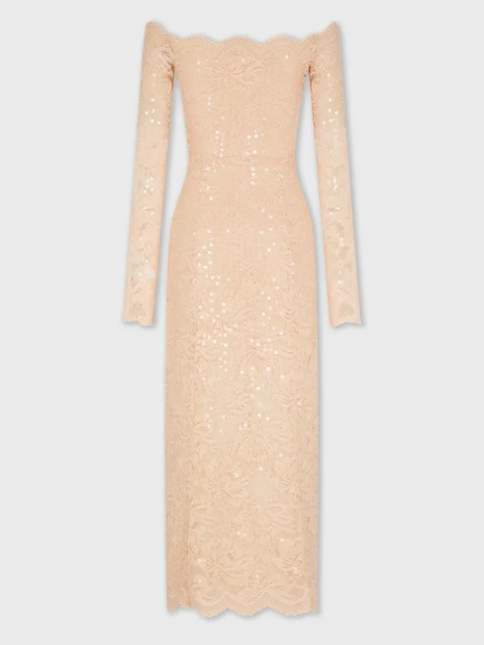 Midi-kjole i blonder med pailletbroderier