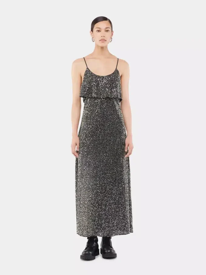 Midi-kjole i crepe med broderi med pailletter