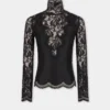 Sort langærmet top i blonder og jersey