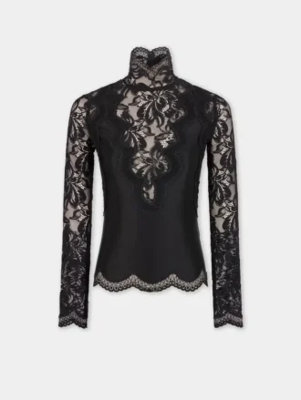 Sort langærmet top i blonder og jersey