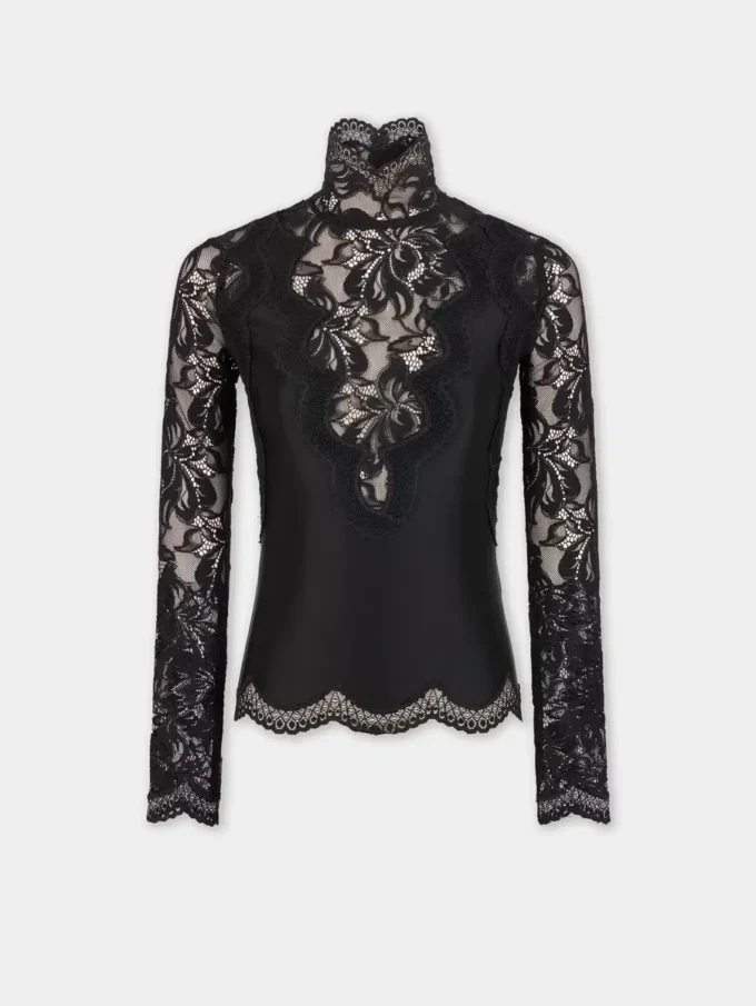 Sort langærmet top i blonder og jersey