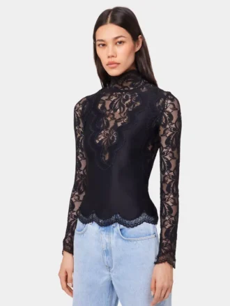 Sort langærmet top i blonder og jersey