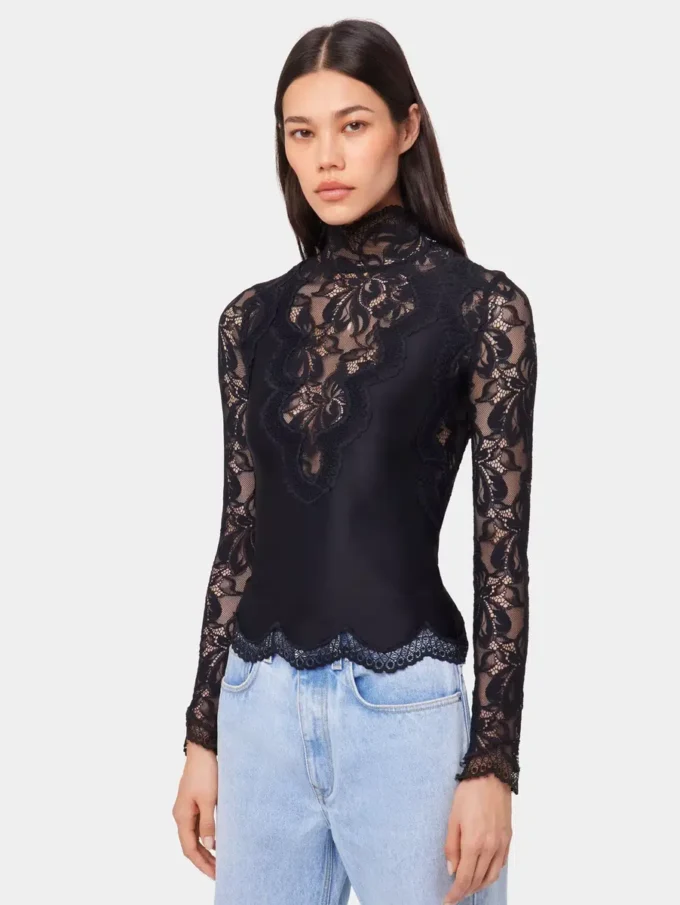 Sort langærmet top i blonder og jersey