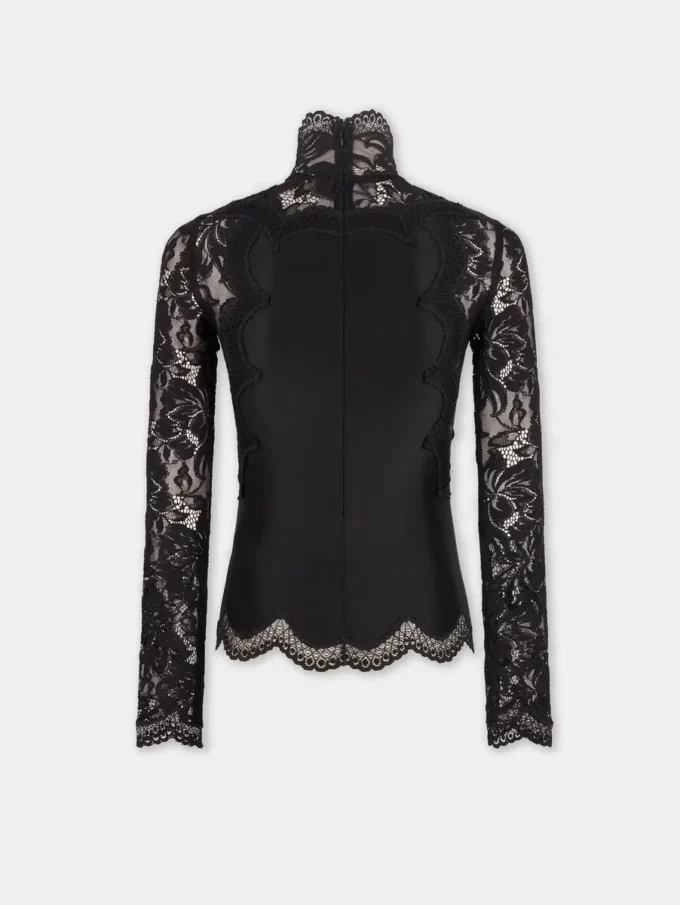 Sort langærmet top i blonder og jersey